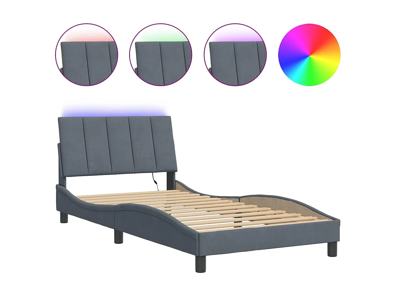 Cadre de lit avec lumières LED gris foncé 100x200 velours