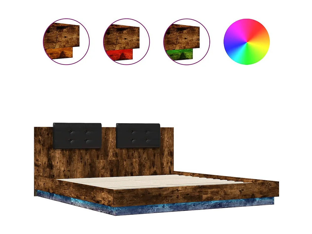 Cadre de lit tête de lit et lumières LED chêne fumé 200x200