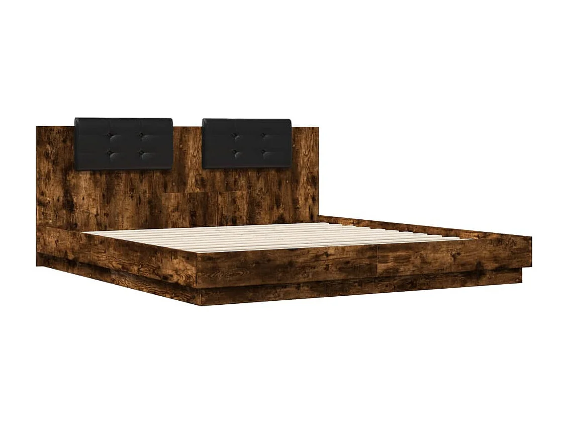 Cadre de lit tête de lit et lumières LED chêne fumé 200x200