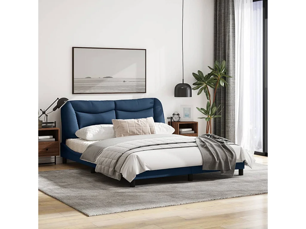 Cadre de lit avec tête de lit Bleu 160x200 Tissu