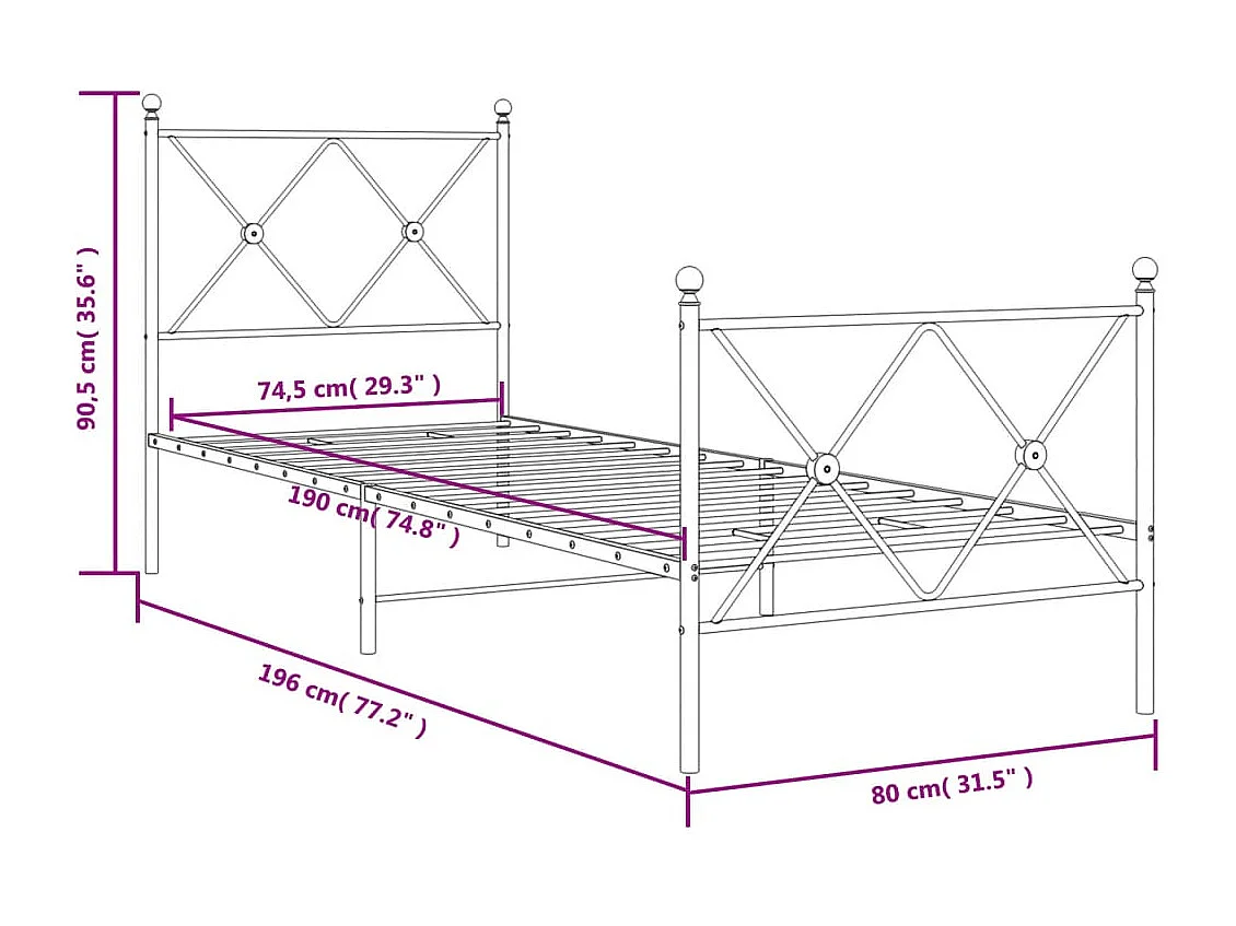 Cadre de lit métal avec tête de lit-pied de lit noir 75x190