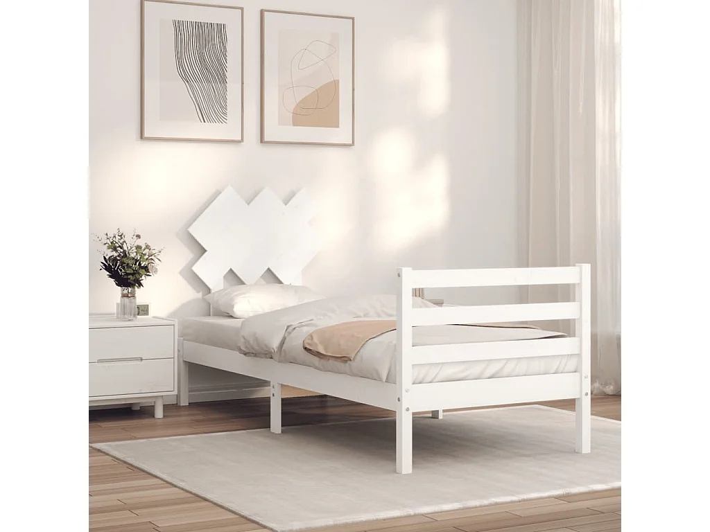 Cadre de lit avec tête de lit blanc simple bois massif