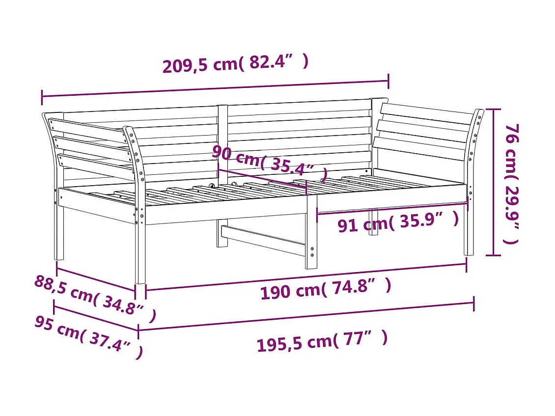 Lit de jour marron 90x190 bois de pin massif