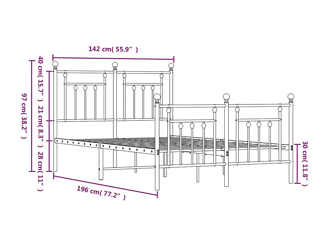 Cadre de lit métal avec tête de lit-pied de lit noir 135x190