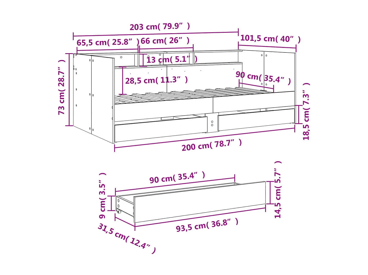 vidaXL Tumbona con cajones madera ingeniería roble Sonoma 90x200 cm Marrón