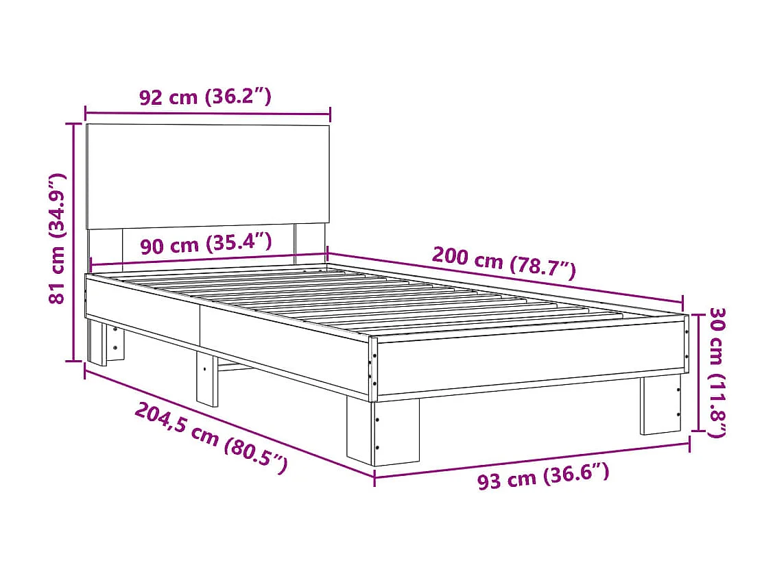 Cadre de lit chêne marron 90x200 bois d'ingénierie et métal