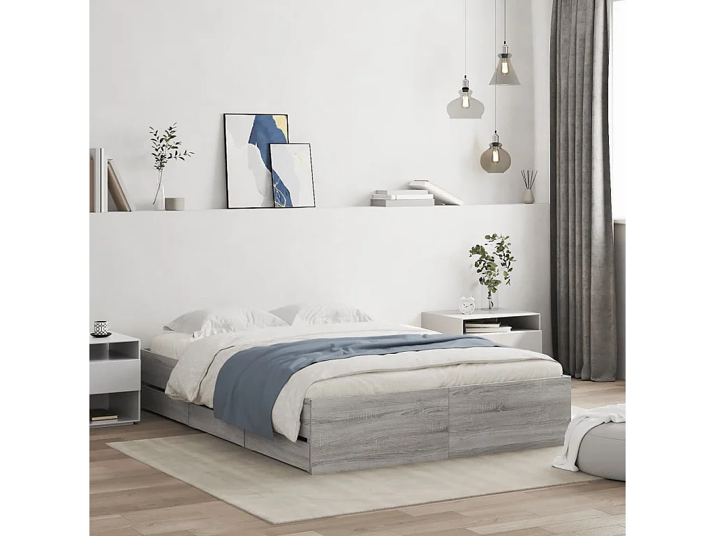 Cadre de lit et tiroirs sonoma gris 120x190 bois ingénierie