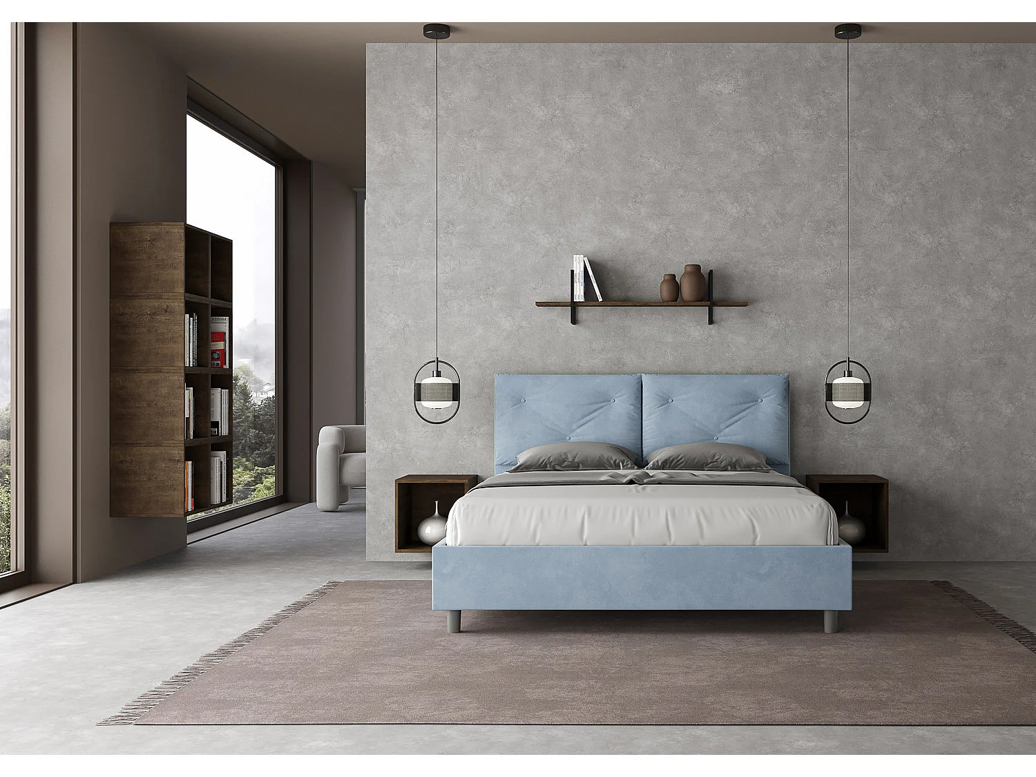 Lit avec sommier rembourré 160x200 microfibre bleu clair Appia