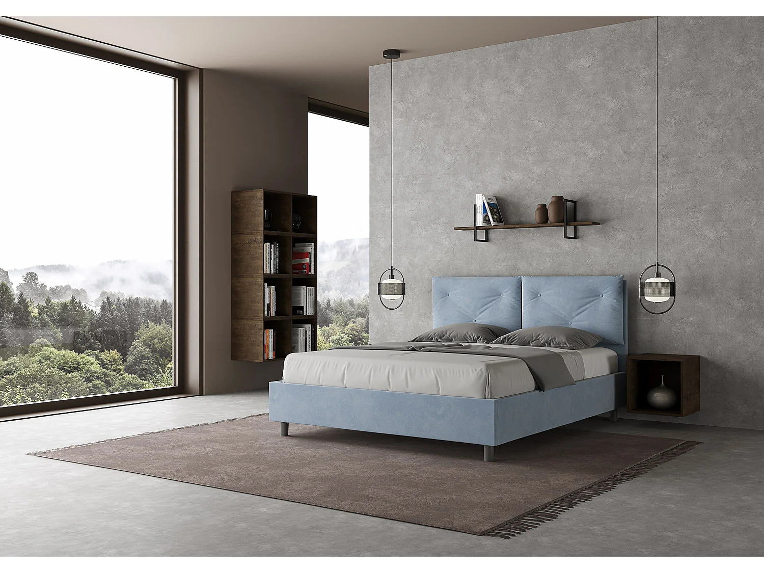 Lit avec sommier rembourré 160x200 microfibre bleu clair Appia