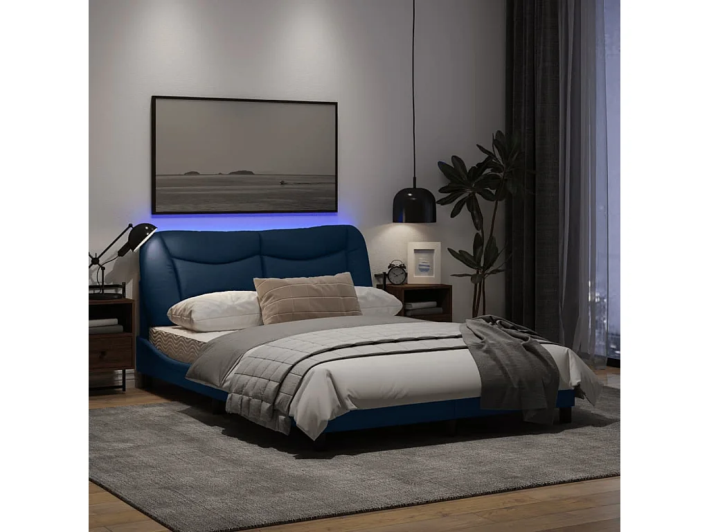Cadre de lit avec lumières LED bleu 140x200 tissu