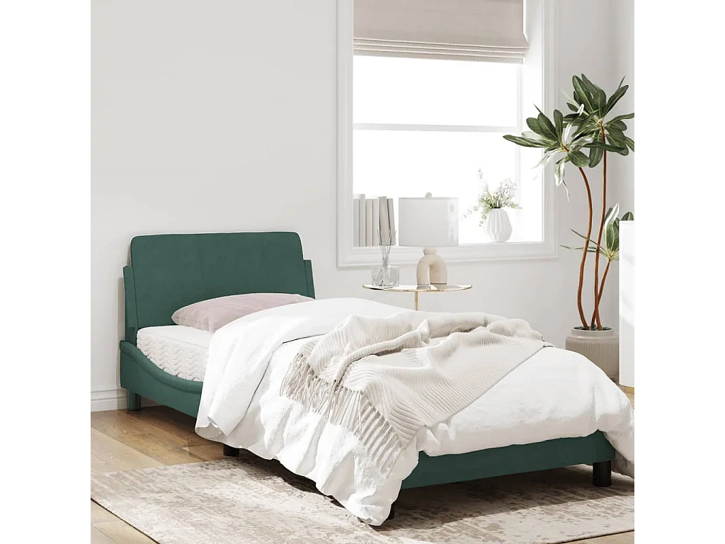 Cadre de lit avec tête de lit Vert foncé 90x190 Velours