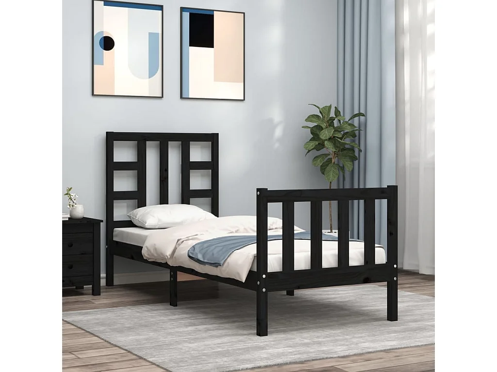 Cadre de lit avec tête de lit noir petit simple bois massif