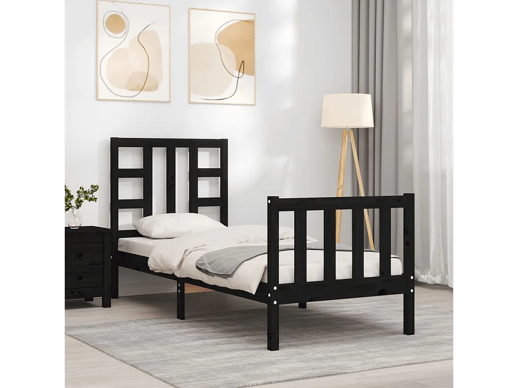 Cadre de lit avec tête de lit noir petit simple bois massif