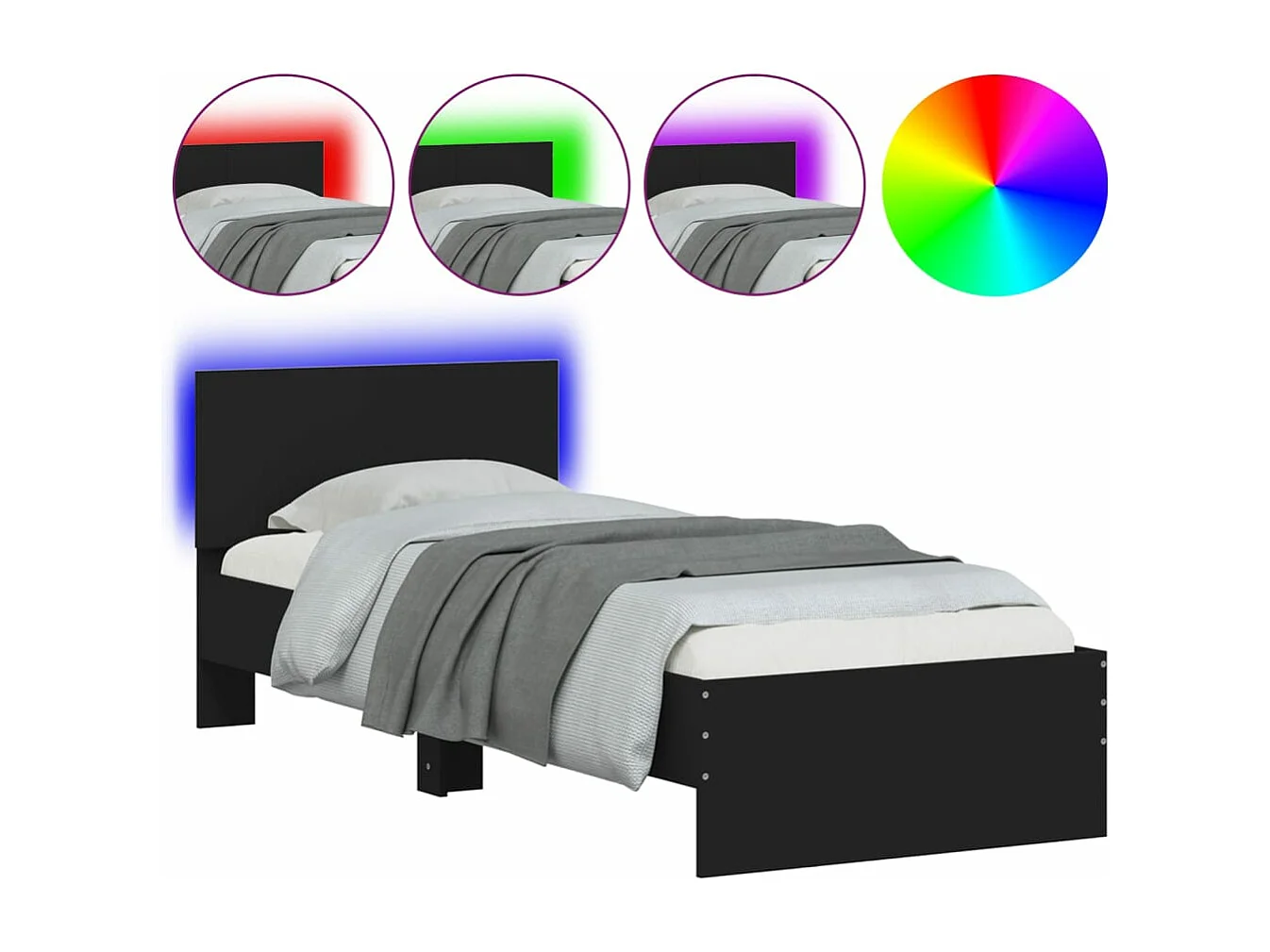 Cadre de lit avec tête de lit et lumières LED noir 90x200