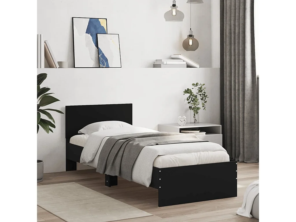 Cadre de lit avec tête de lit et lumières LED noir 90x200