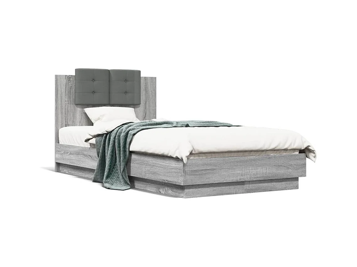 Cadre de lit tête de lit et lumières LED sonoma gris 90x190