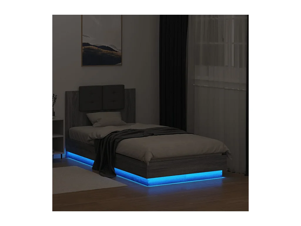 Cadre de lit tête de lit et lumières LED sonoma gris 90x190