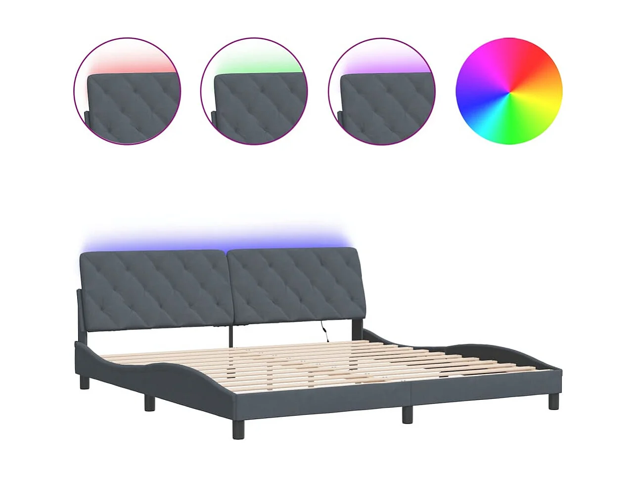 Cadre de lit avec lumières LED gris foncé 200x200 velours