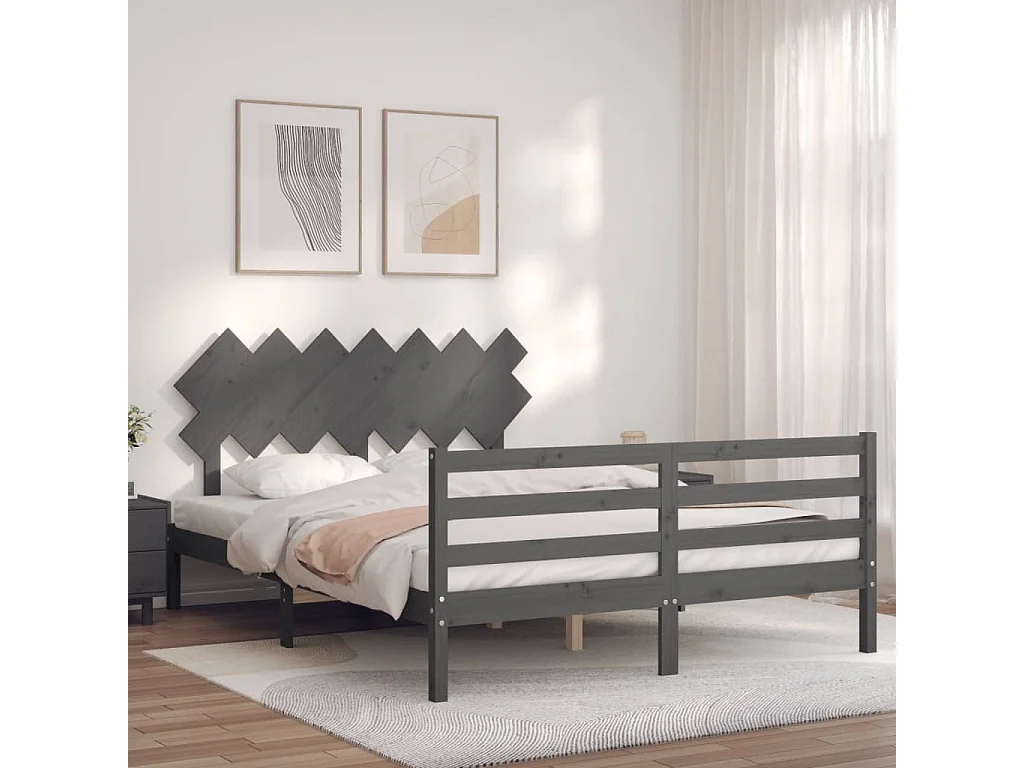 Cadre de lit avec tête de lit gris 140x190 bois massif