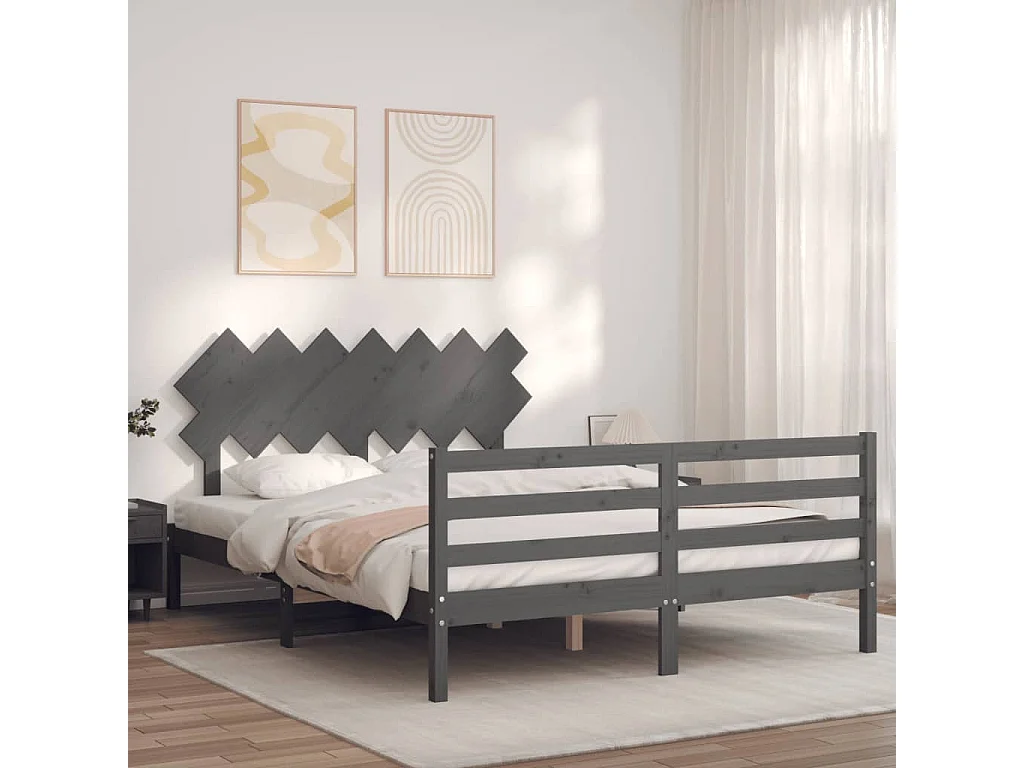 Cadre de lit avec tête de lit gris 140x190 bois massif