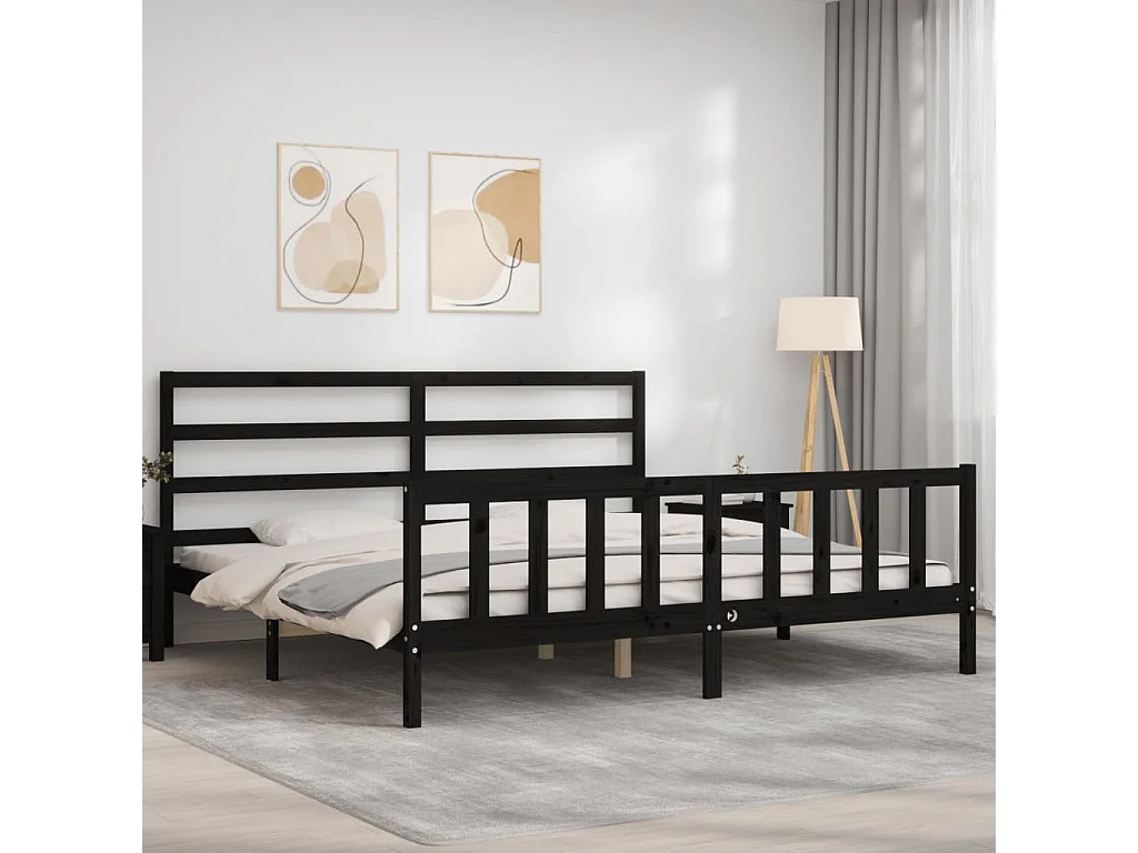 Cadre de lit avec tête de lit noir 200x200 bois massif