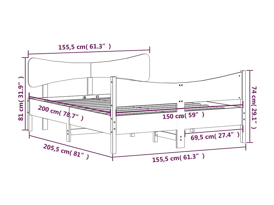 Cadre de lit avec tête de lit blanc 150x200 bois pin massif