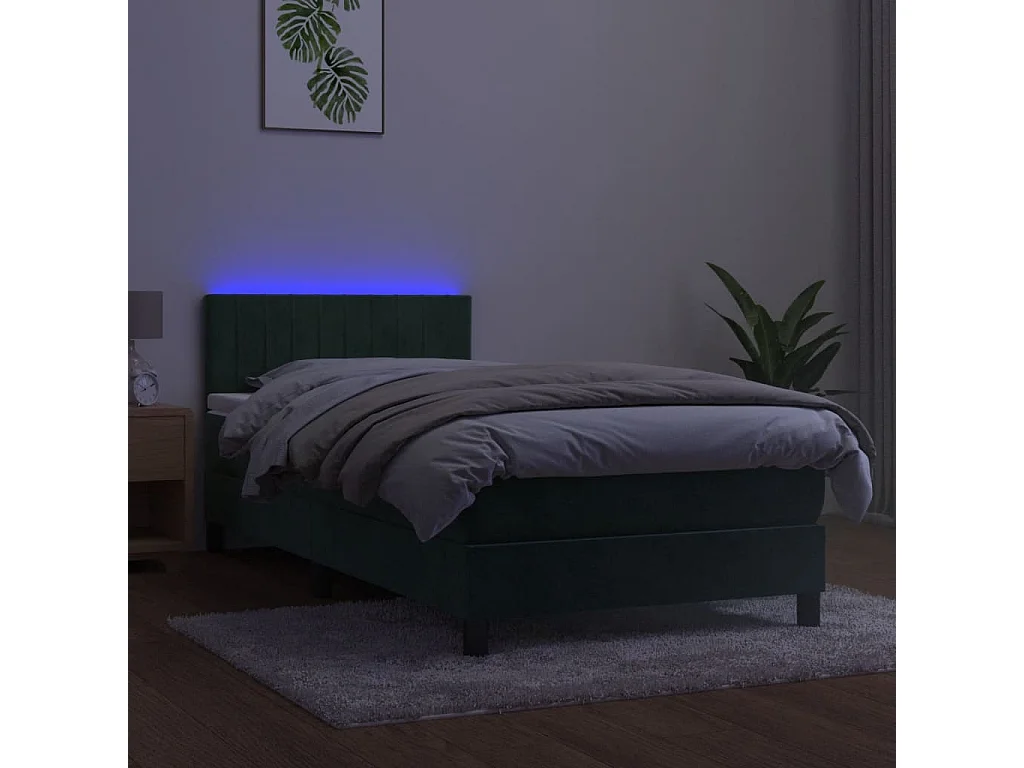 Lit à sommier tapissier et matelas et LED Vert foncé 90x200 Velours