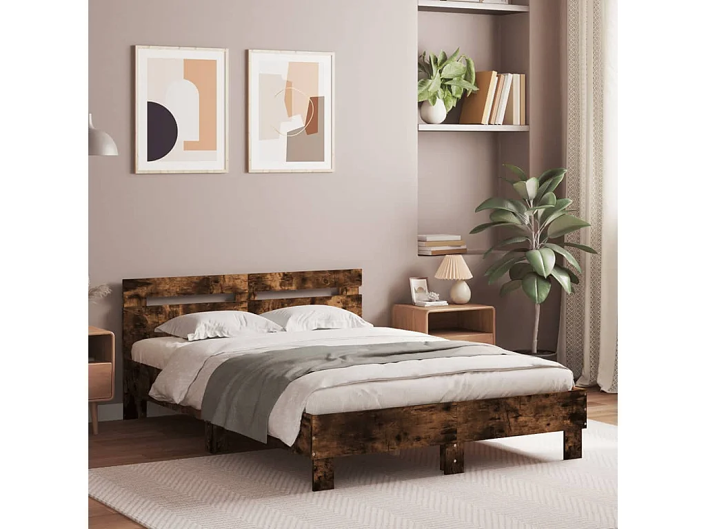 Cadre de lit avec tête de lit et LED chêne fumé 120x200