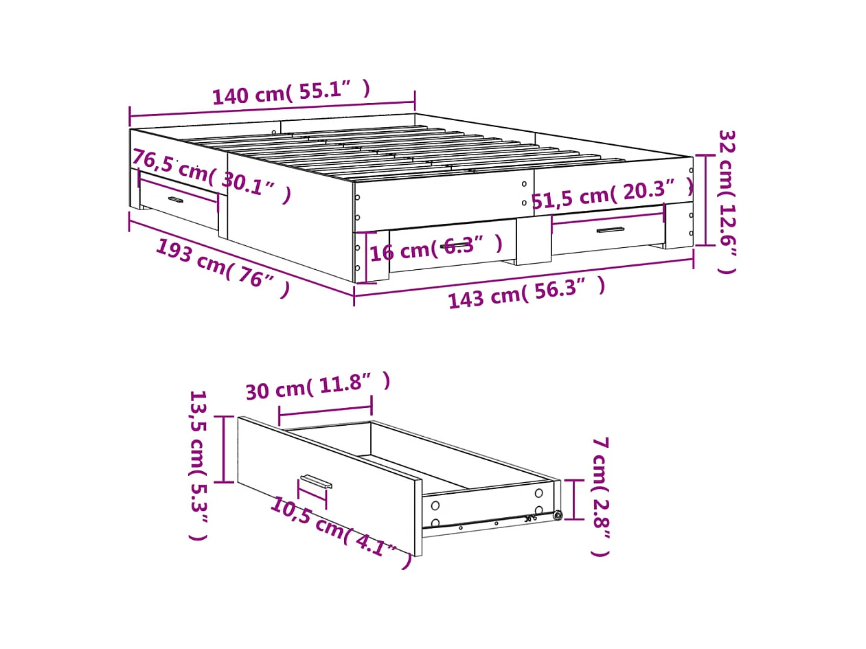 Bedframe met lades bewerkt hout zwart 140x190 cm