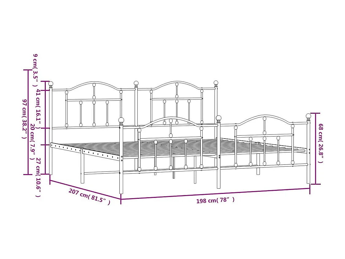 Cadre de lit métal avec tête de lit-pied de lit noir 193x203