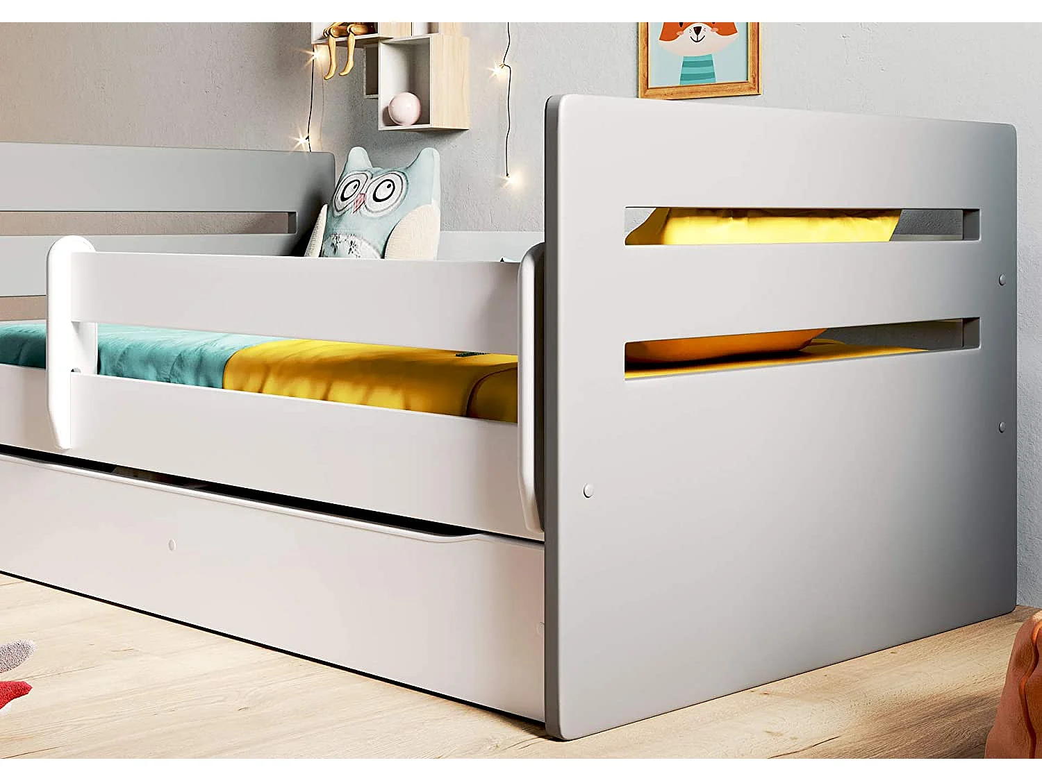 Lit enfant avec barrière de sécurité amovible blanc et gris Moly-80x160-Tiroirs Avec tiroir