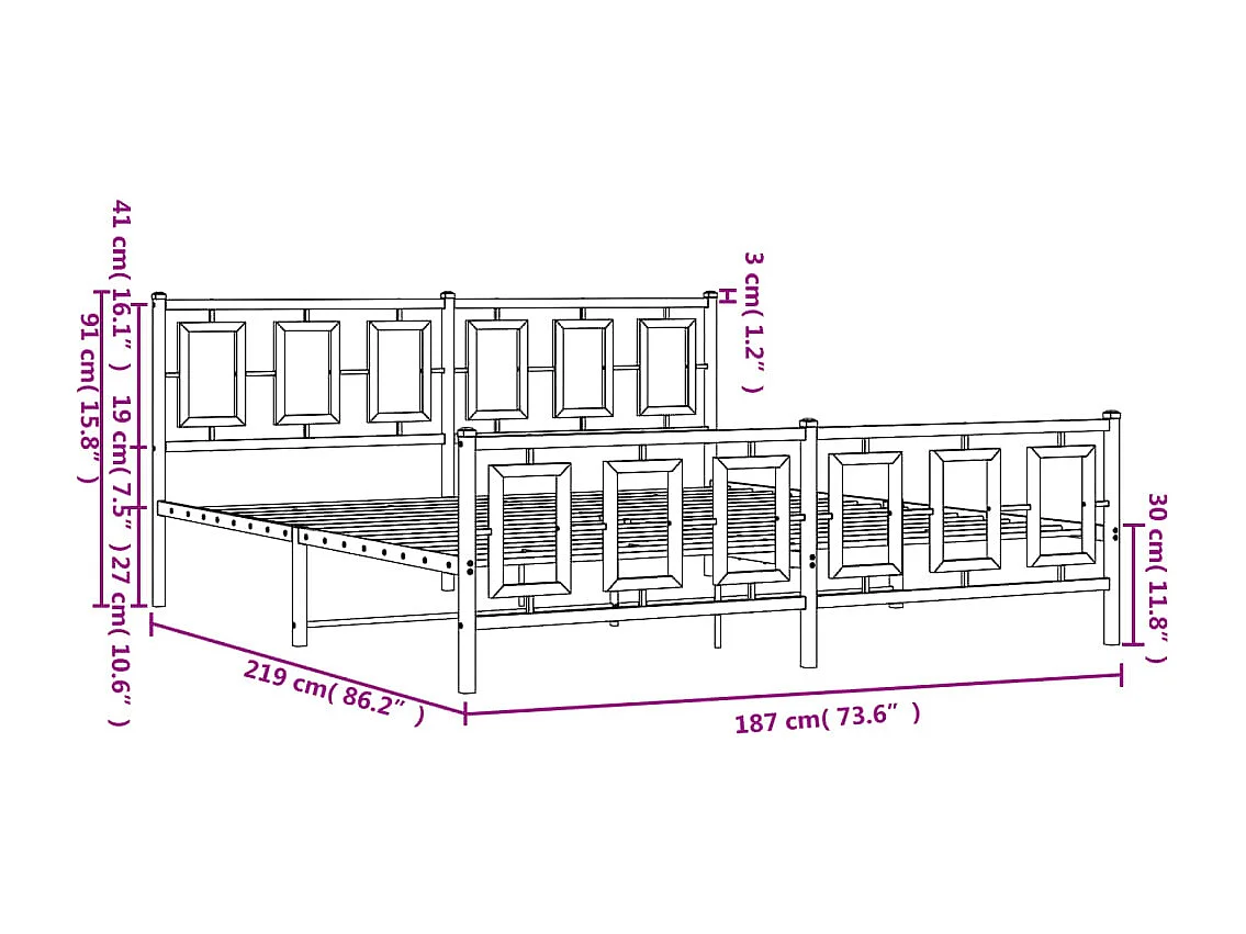 Cadre de lit métal avec tête de lit-pied de lit blanc 183x213