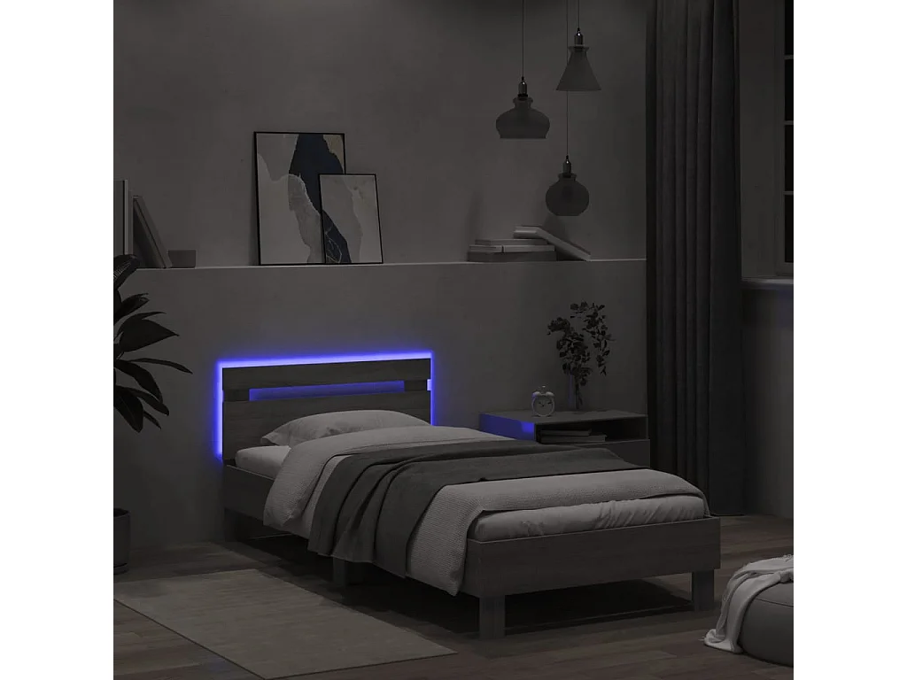 Cadre de lit tête de lit et lumières LED sonoma gris 100x200