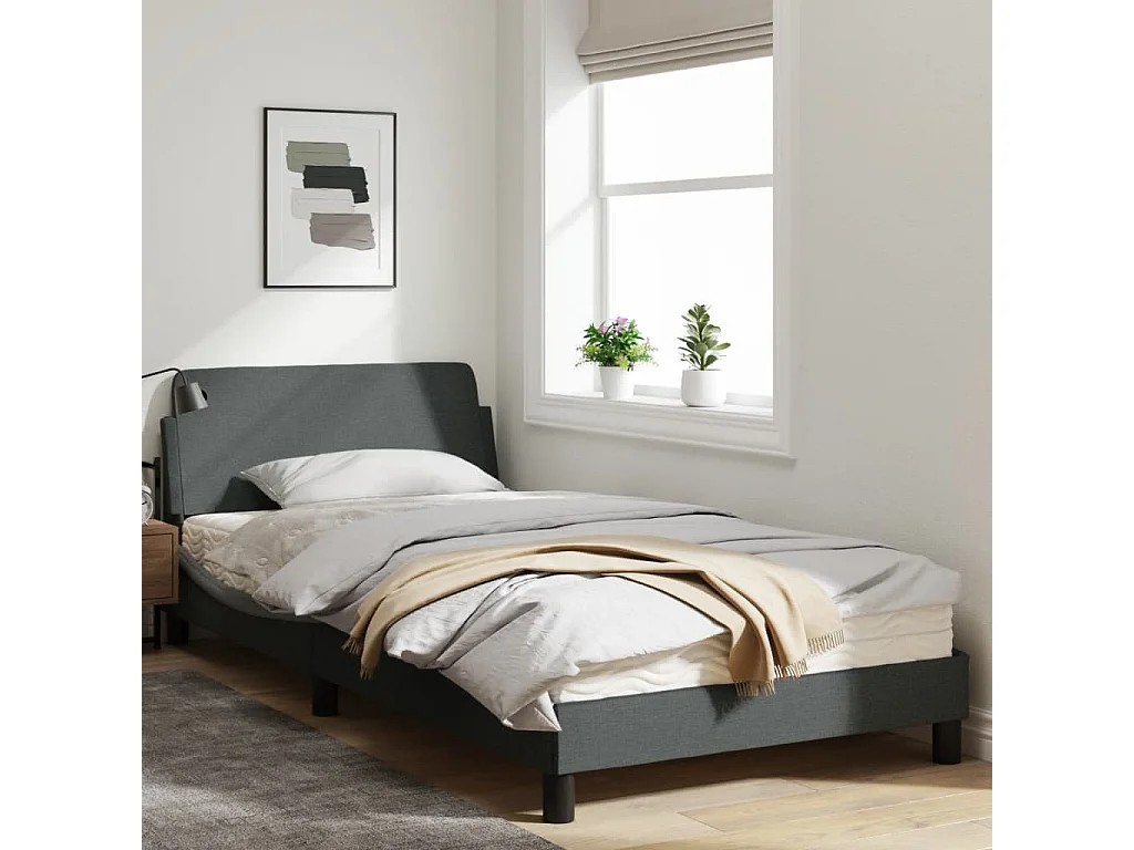 Cadre de lit avec tête de lit Gris foncé 100x200 Tissu