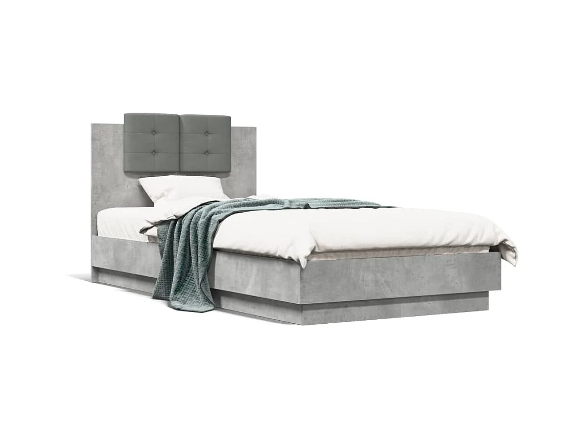 Cadre de lit tête de lit et lumières LED gris béton 90x190