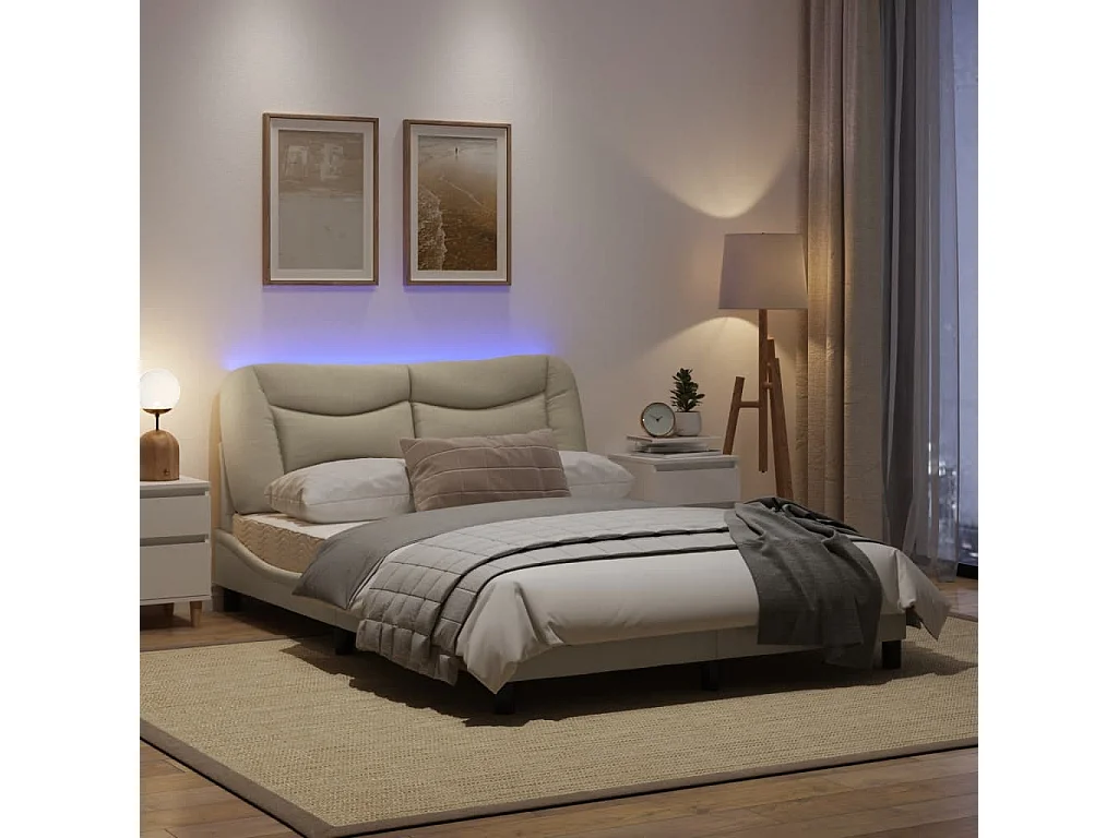 Cadre de lit avec lumières LED crème140x190 tissu