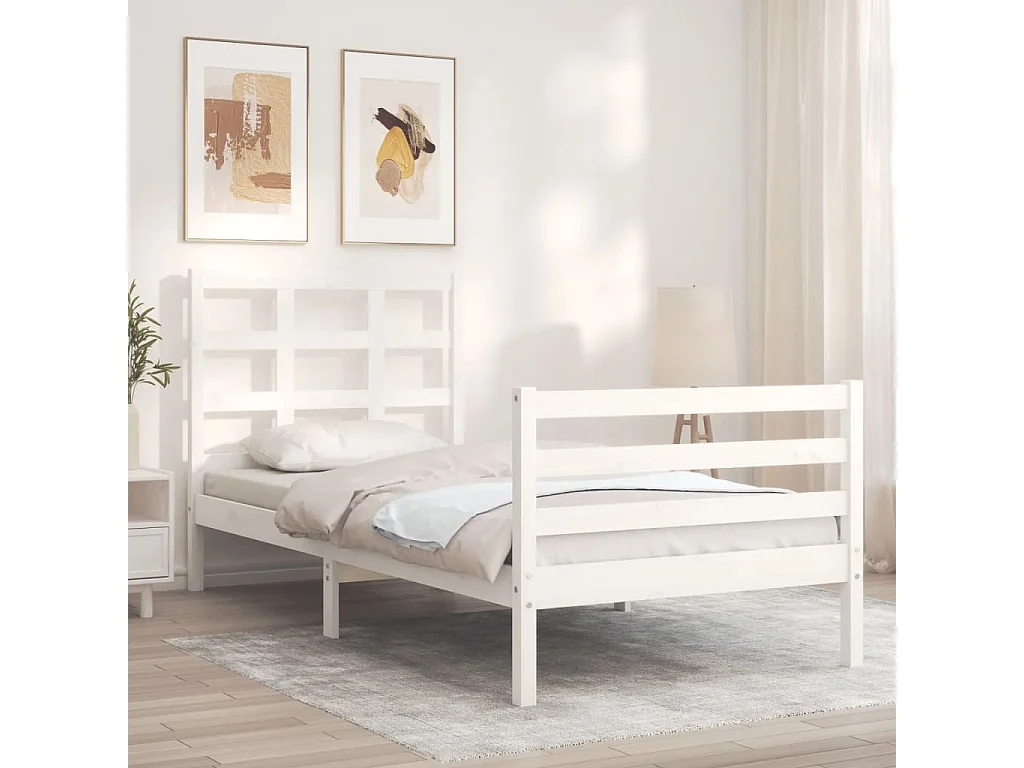 Cadre de lit avec tête de lit blanc petit simple bois massif