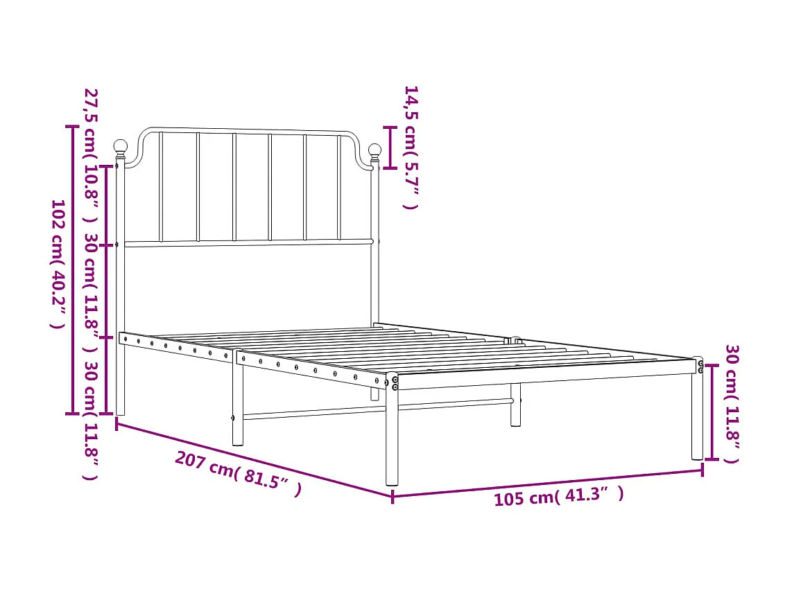 Cadre de lit métal avec tête de lit noir 100x200