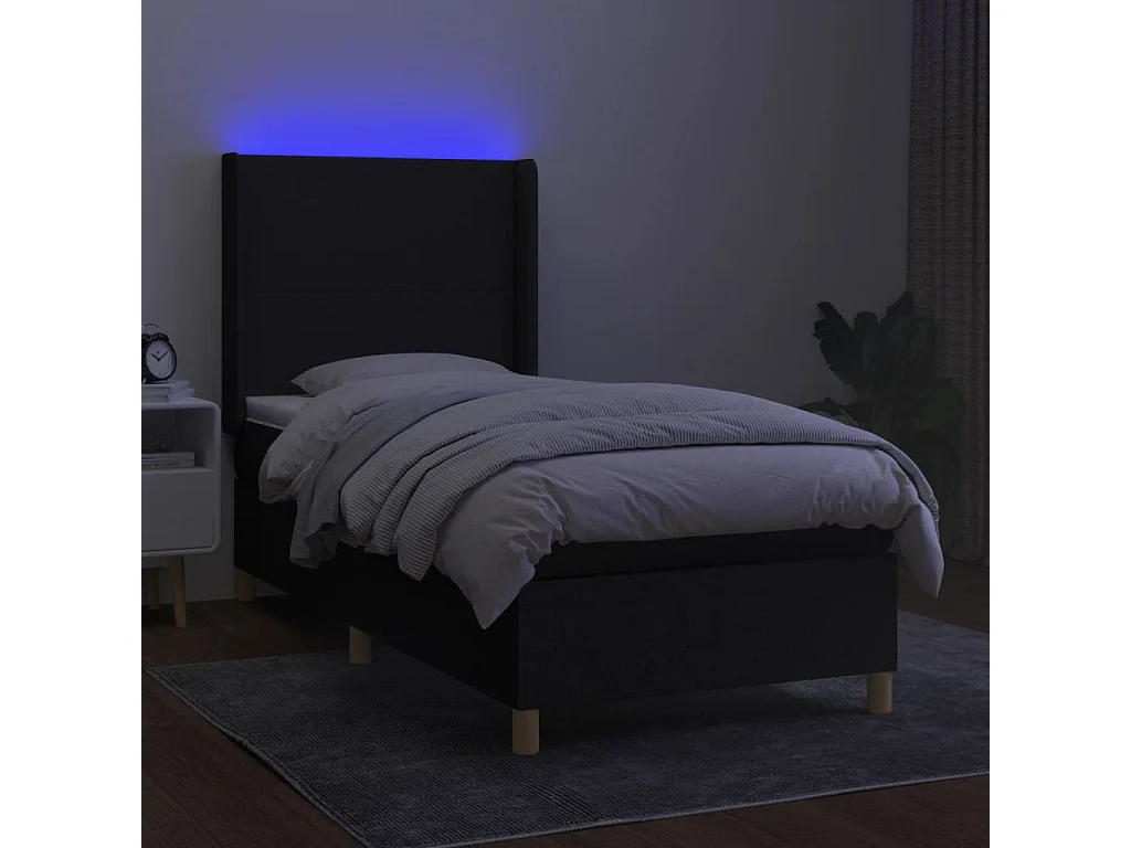 Sommier à lattes de lit matelas et LED Noir 90x190 Tissu