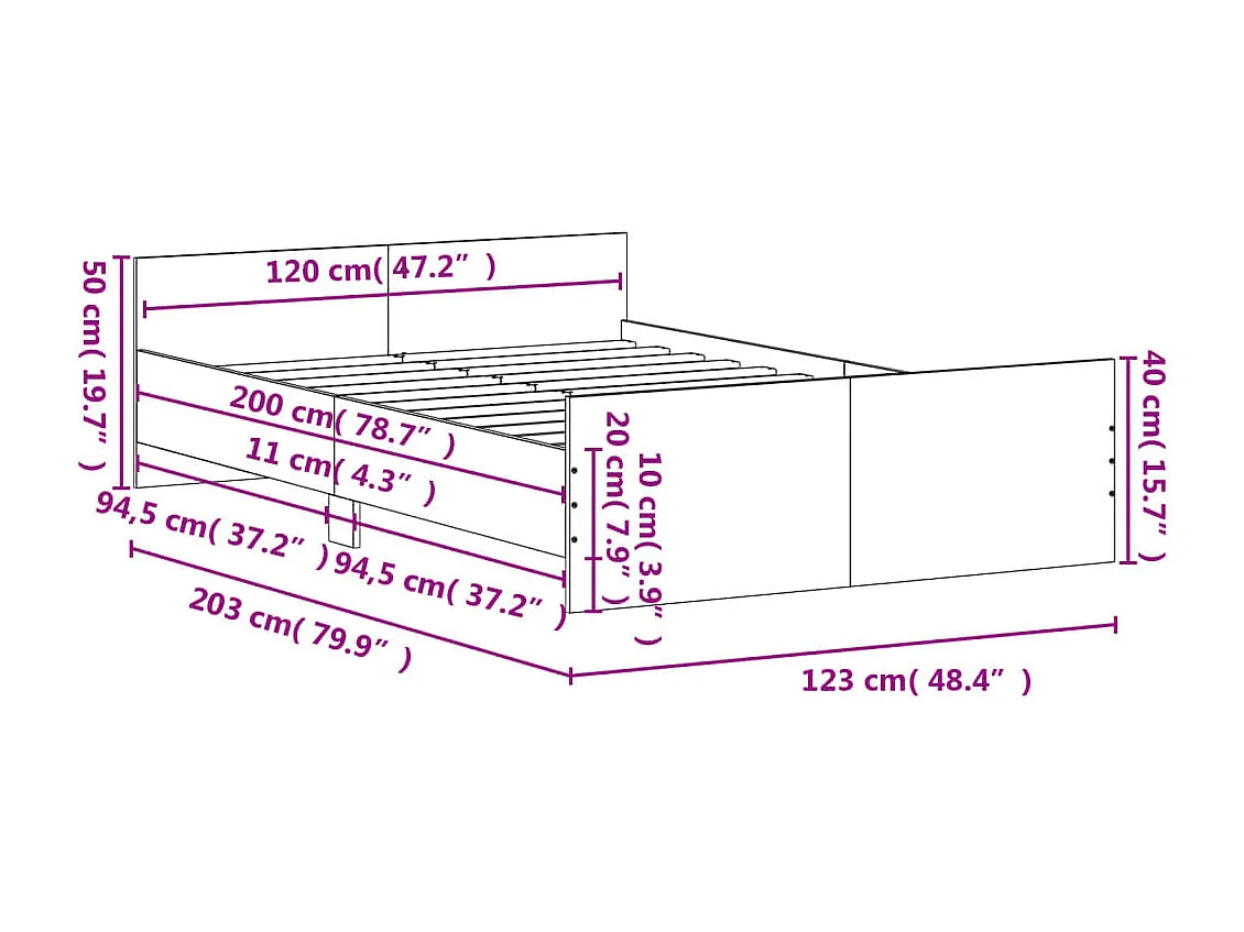 Cadre de lit tête de lit et pied de lit sonoma gris 120x200
