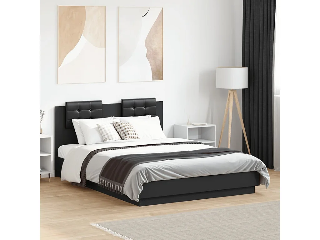 Cadre de lit avec tête de lit noir 135x190 bois d'ingénierie