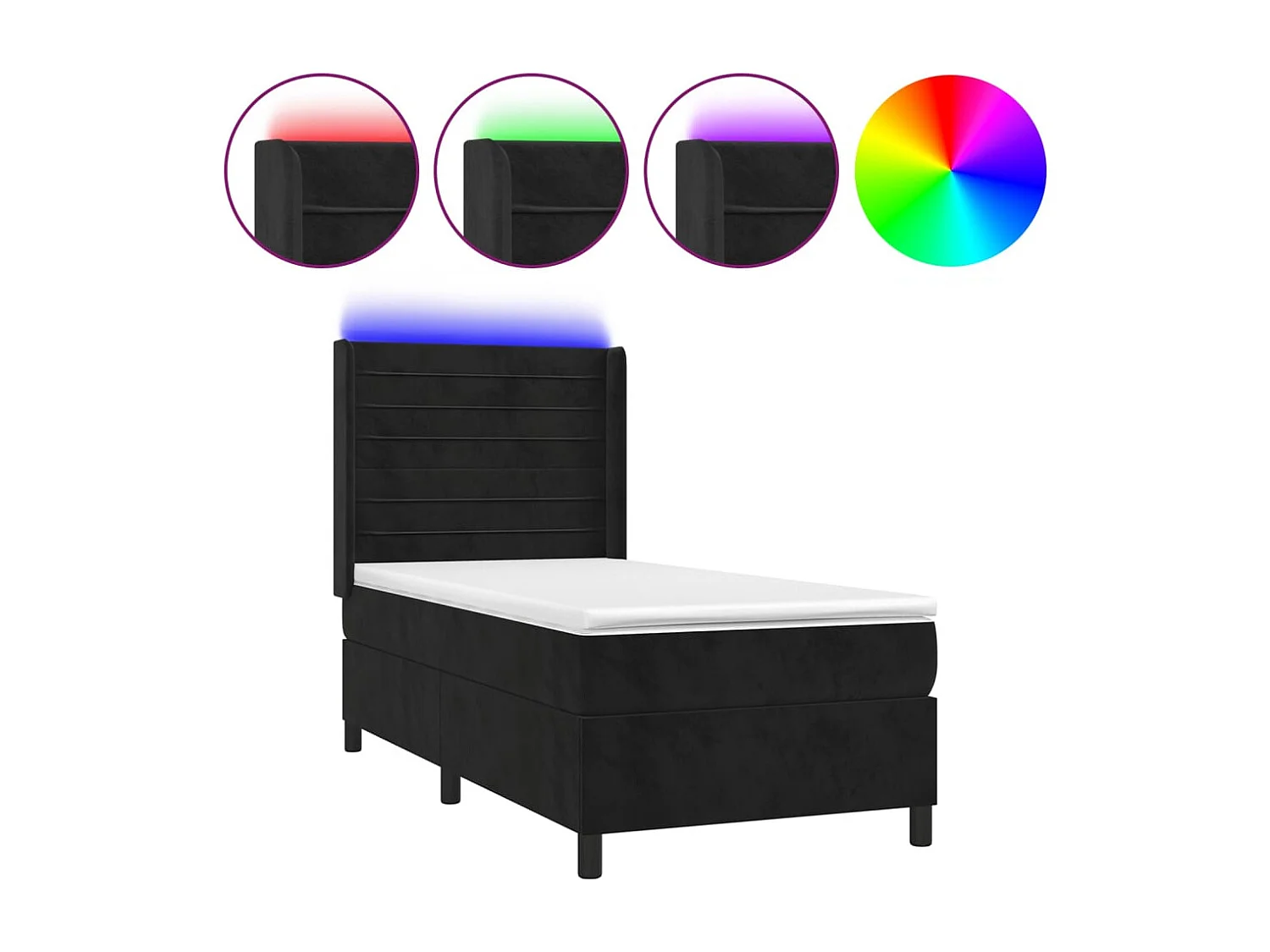 Sommier à lattes de lit matelas et LED Noir 90x190 Velours