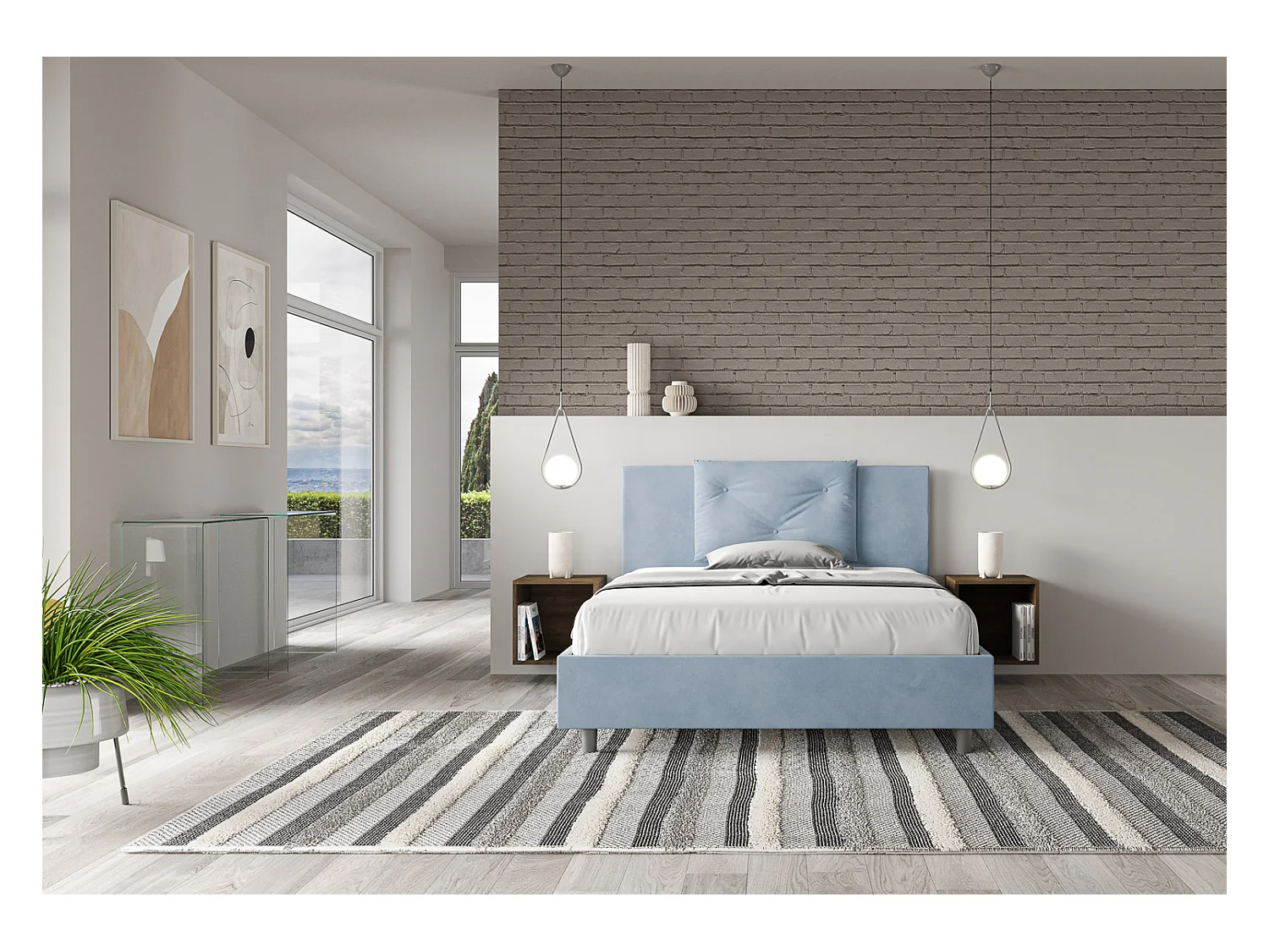 Appia hellblaues Mikrofaserbett mit gepolsterter Basis 140x190