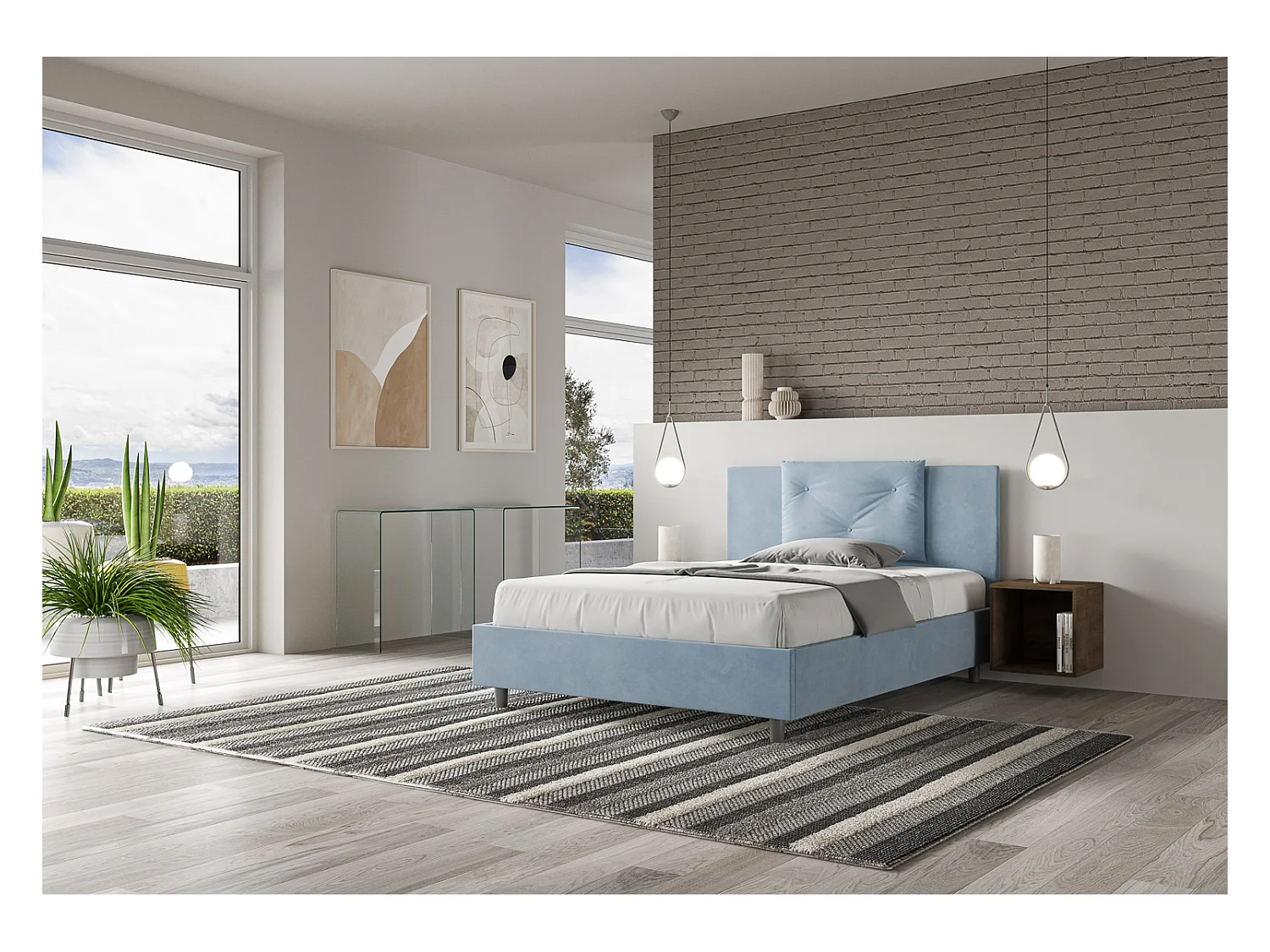Appia hellblaues Mikrofaserbett mit gepolsterter Basis 140x190