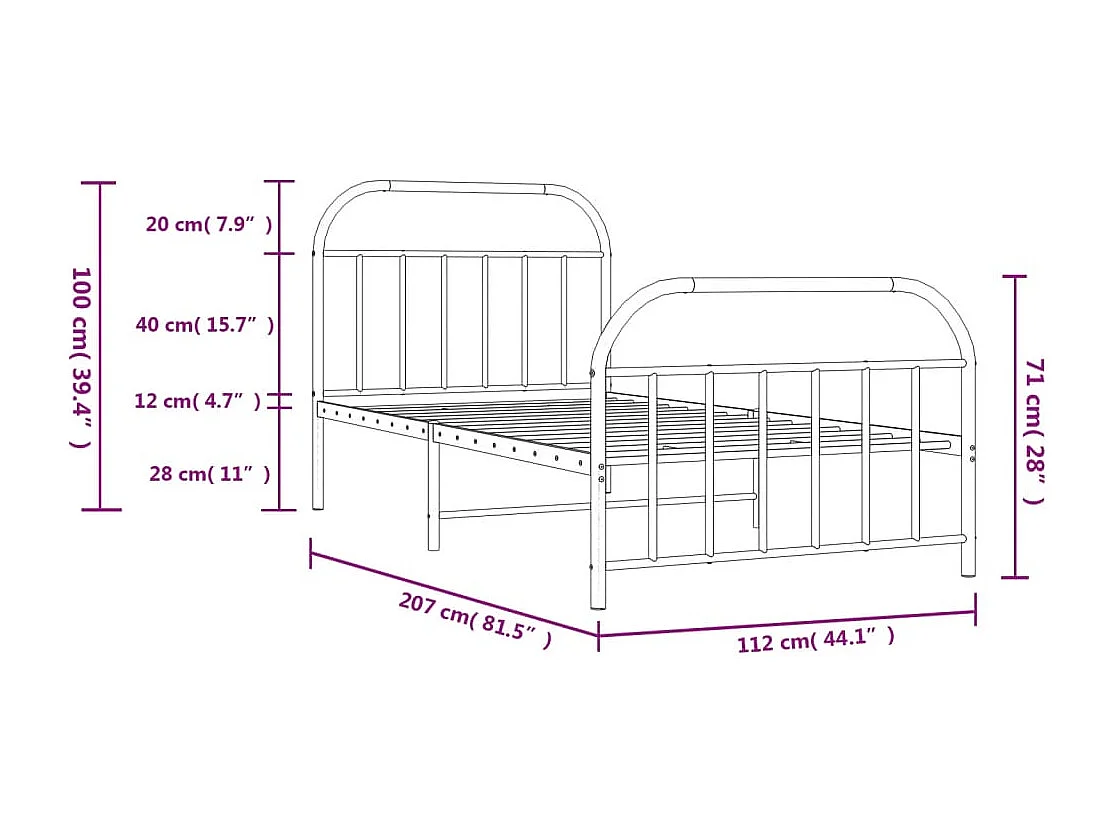 Cadre de lit métal avec tête de lit-pied de lit noir 107x203