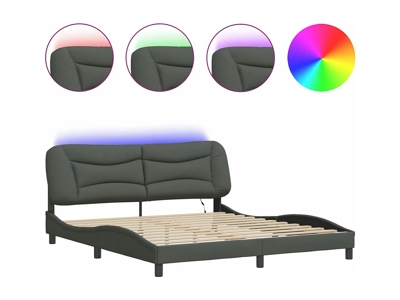 Cadre de lit avec lumières LED gris foncé 180x200 tissu