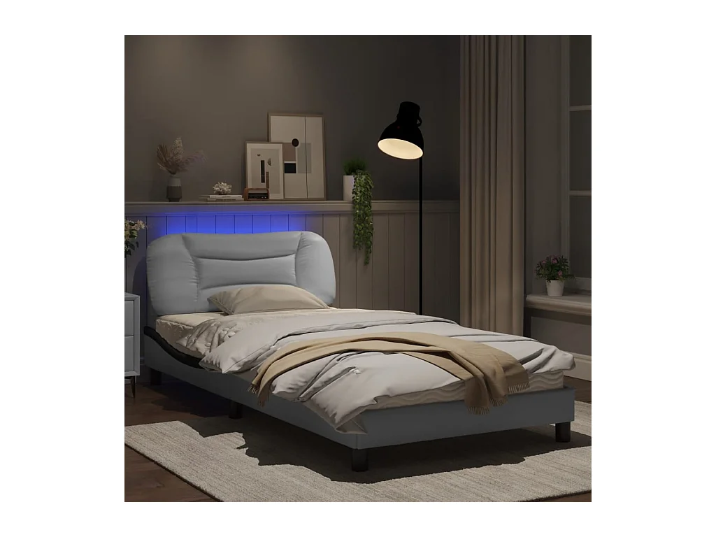 Cadre de lit avec lumières LED blanc noir 100x200 similicuir