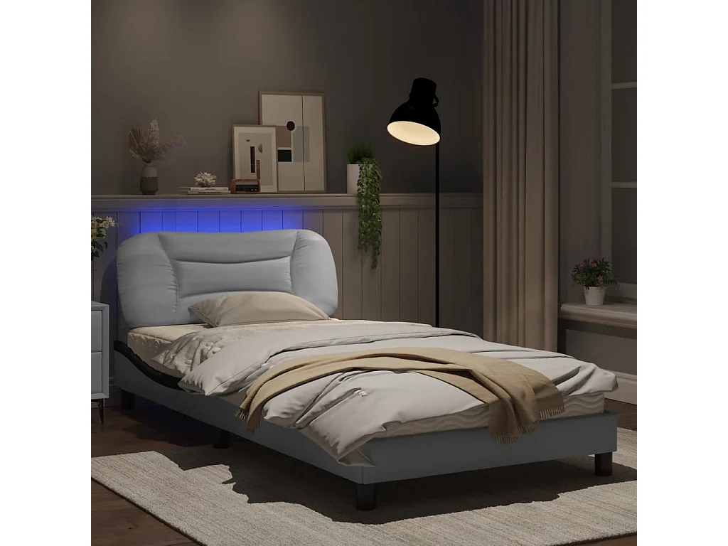 Cadre de lit avec lumières LED blanc noir 100x200 similicuir
