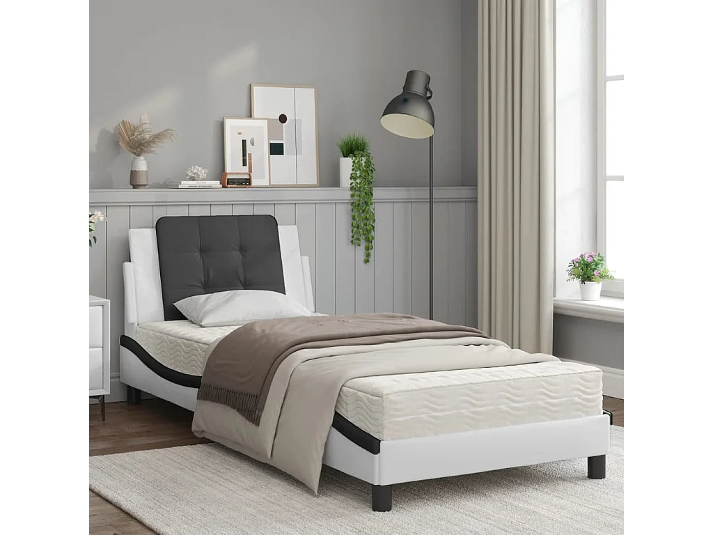 Lit avec matelas blanc et noir 80x200 similicuir