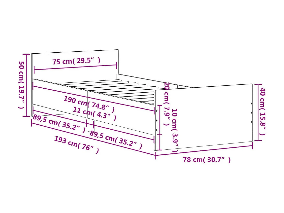 Cadre de lit sonoma gris 75x190 petit simple bois ingénierie